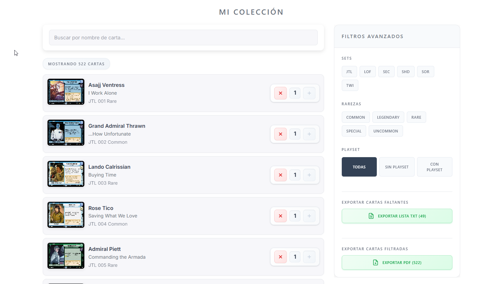 Captura de Mi colección en SWU Card Tracker
